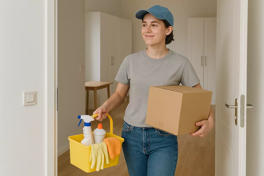 “Student lämnar studentlägenhet med flyttlådor och städutrustning – symboliserar flytt från studentboende med fokus på städning, ordning och avslut av bostad”